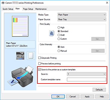 figure:Add a checkmark on Save to the printer as a custom template in the Main sheet